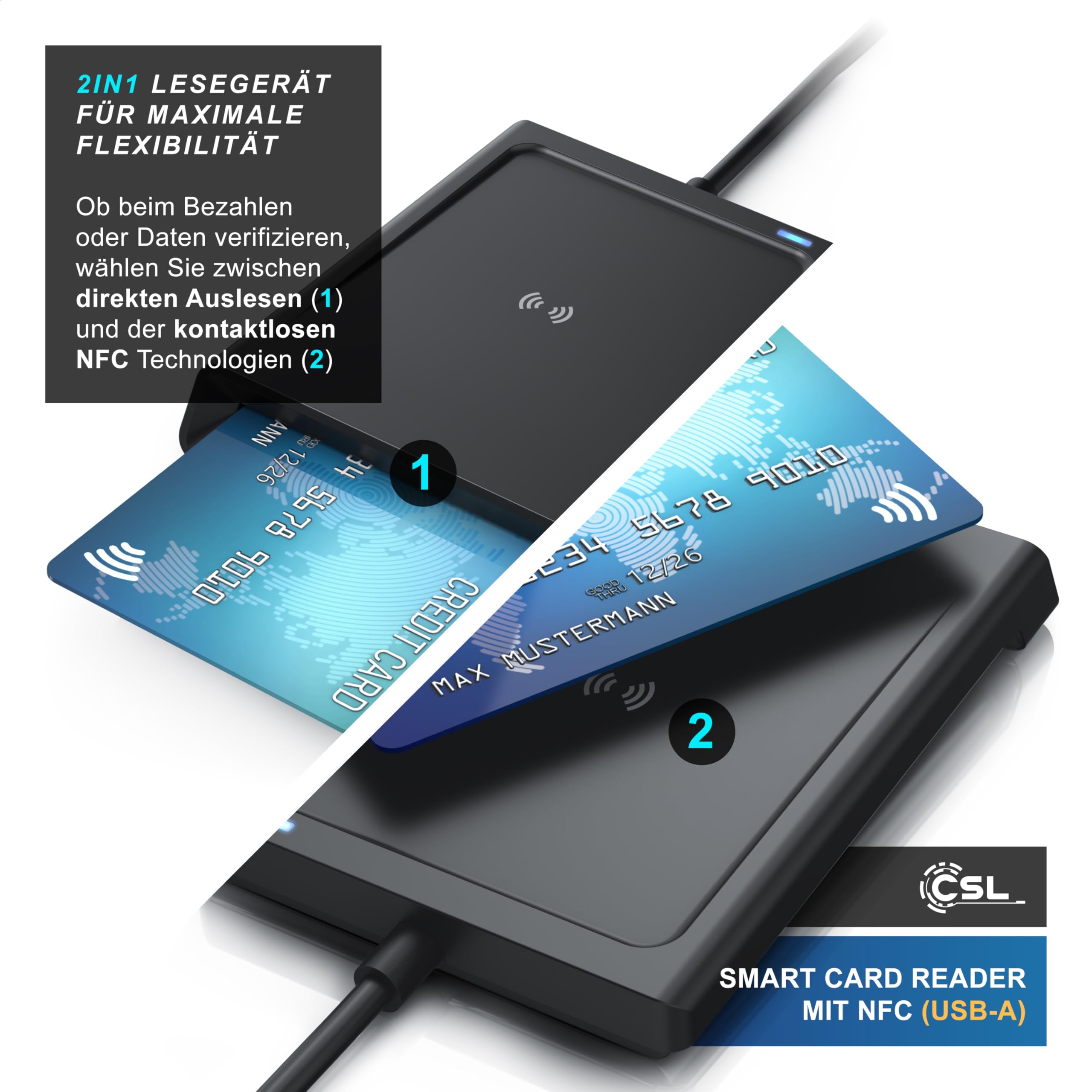 CSL - USB Chipkartenleser mit NFC - SmartCard Reader/SIM Kartenlesegerät - kompatibel mit Windows 10-11 - für den neuen Personalausweis Gesundheitskarte kein EPA Bankkarten