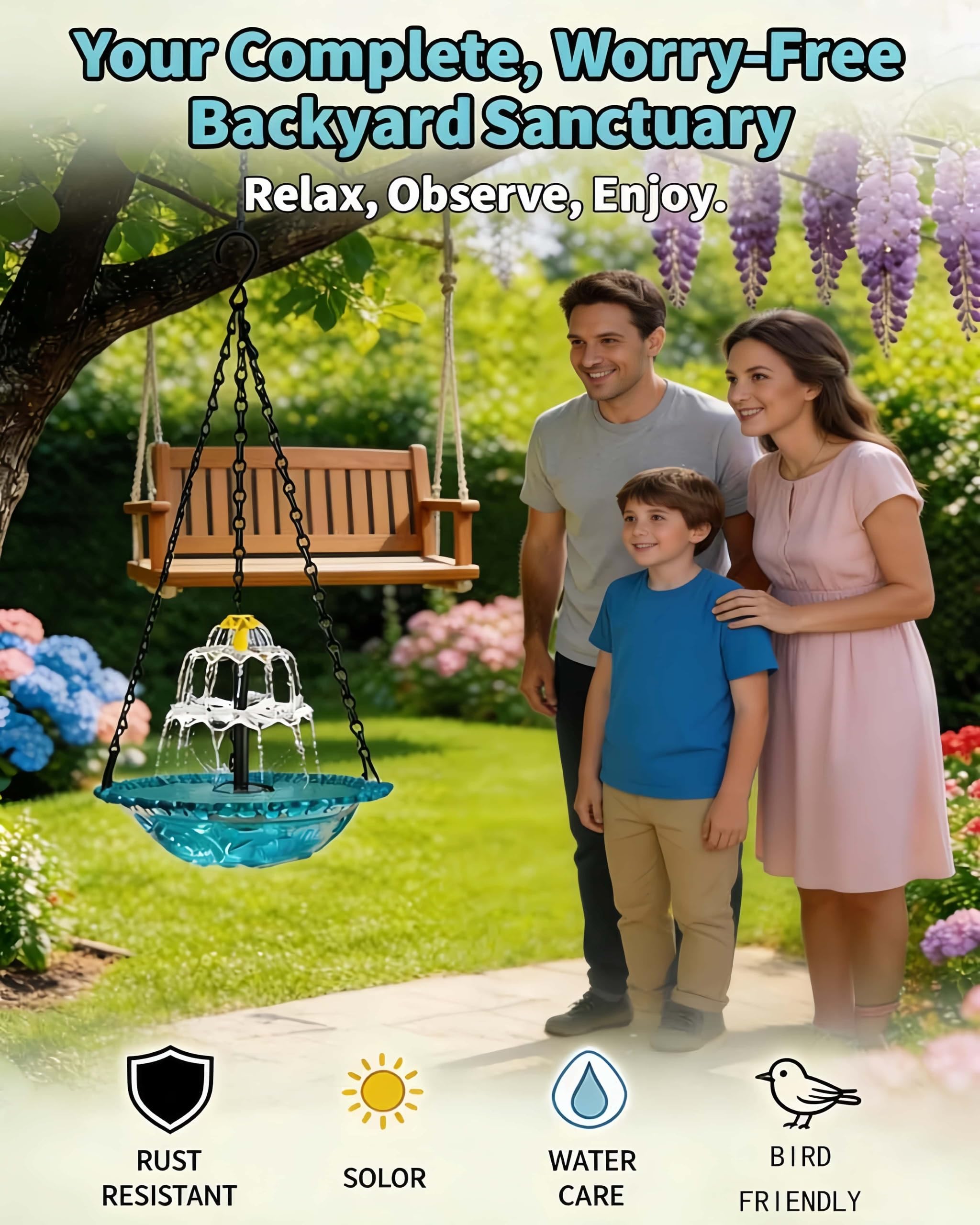 Fontana solare sospesa per uccelli, abbeveratoio e mangiatoia a cascata,decorazione da giardino resistente alle intemperie,facile da appendere,attrae uccelli e farfalle per giardino,cortile (BBB)