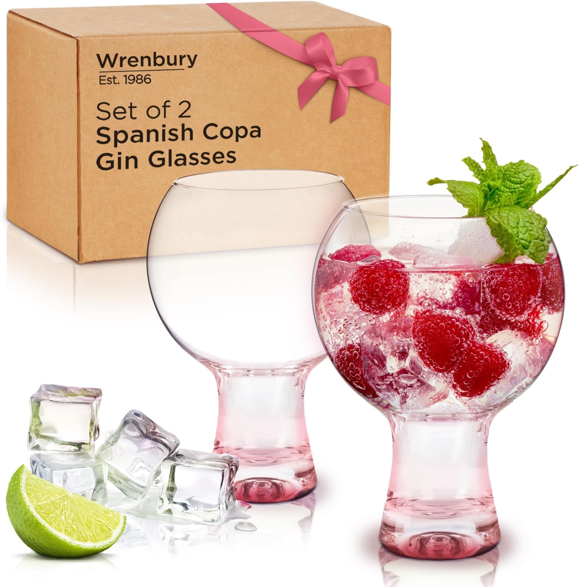 Wrenbury Gin and Tonic Glasses Copa De Balon Set of 2 Hand Painted 19oz - Spanish Mouthblown Balloon Glass with Heavy Base and Large Capacity - Cocktail Gifts for Gin Lovers - Optic Pink Blush