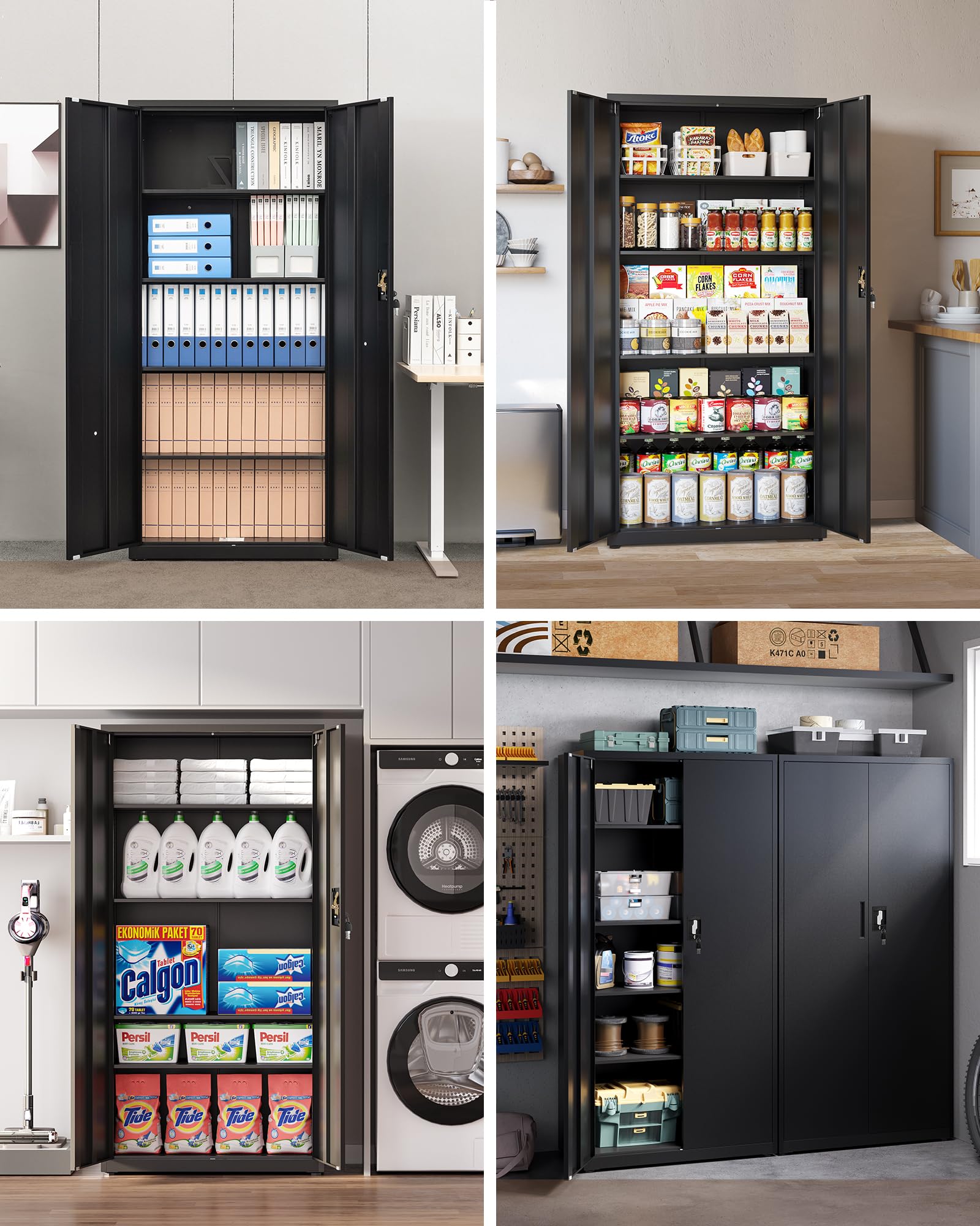 LAND·VOI Armadio in Acciaio 5 Ripiani con Serratura Ripiani Regolabili Ante a Doppia Porta Armadio per Ufficio Mobile in Metallo per Ufficio Garage Cucina Officina 80×40×181.5 cm Nero