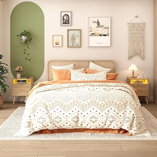 Miniatura 7 de Juego de 2 mesitas de noche de ratán real con estación de carga y luces LED, mesas auxiliares con 2 cajones y patas de madera maciza, mesa auxiliar