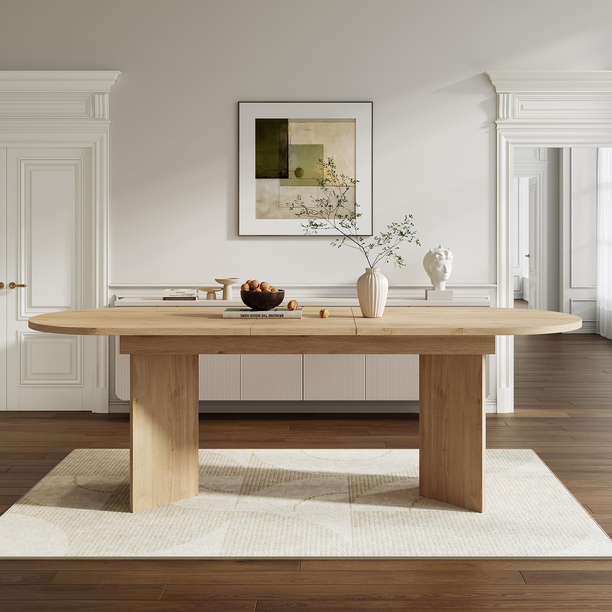 Tavolo da pranzo allungabile ovale, 160/200 * 90 cm, Tavolo allungabile moderno angoli arrotondati, stile semplice, piano del tavolo ispessito, tavolo da cucina per 6-8 persone, colore rovere