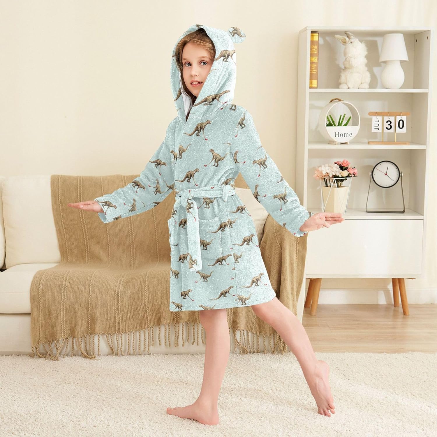 Dinosaur Hockey Sports Bathrobe Hooded PJ Robe Plush Fleece Robe Pajama Sleepwear 2-12 Years