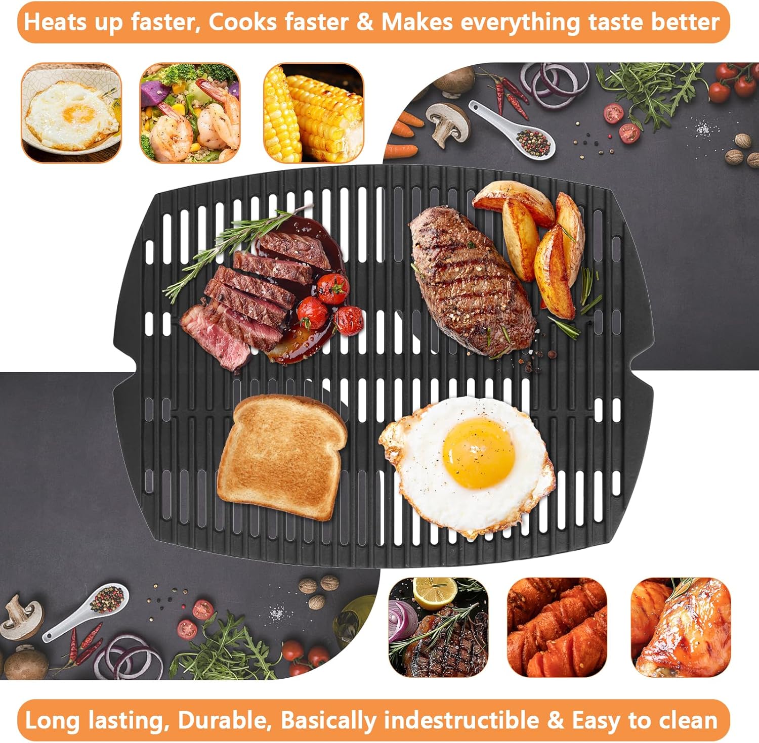 7582 Grill Grate for Weber Baby Q Parts, Weber Q1000 Accessories, Q1200, Q1400, Q100, Q120, Q140, 386001, 386002, Matte Enamel Cast Iron, Black, Rectangular, 17" x 12.7", 1PC