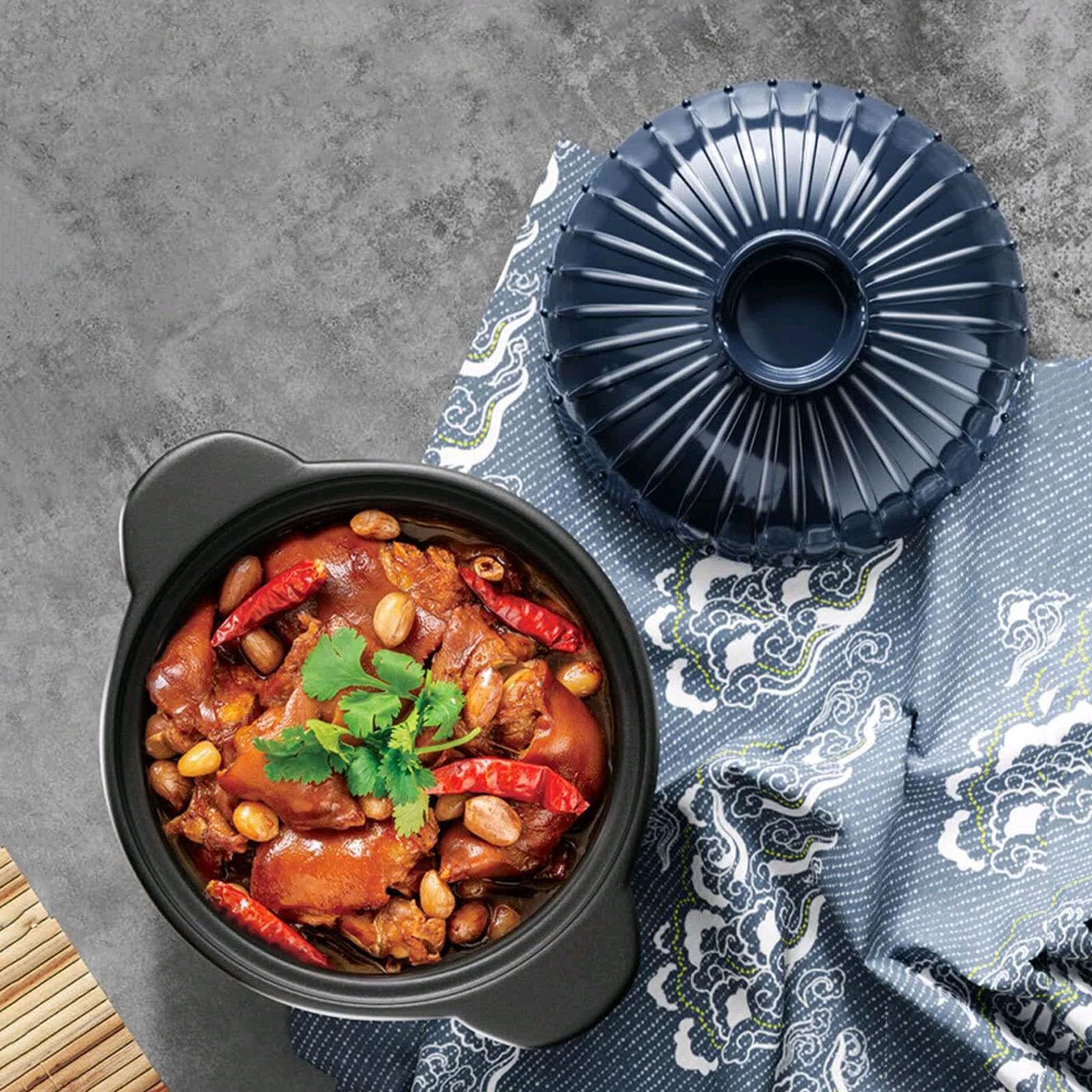Olla de sopa de cerámica azul de 1.6 cuartos de galón con tapa, resistente al calor, fácil de limpiar
