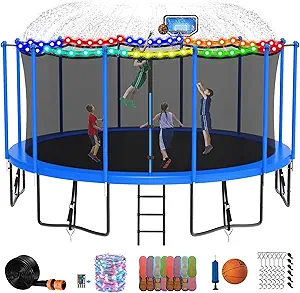 DeepRoar Tranpoline for Kids and Adults, 1500LBS 16FT 15FT 14FT 12FT 10FT 8FT Tranpoline with Basketball Hoop, Safety Enclosure Net, Heavy Duty Tranpoline with Light, Sprinkler, Socks, ASTM Approved