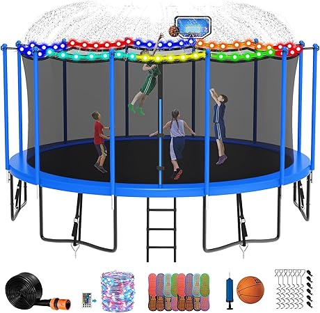 DeepRoar Tranpoline for Kids and Adults, 1500LBS 16FT 15FT 14FT 12FT 10FT 8FT Tranpoline with Basketball Hoop, Safety Enclosure Net, Heavy Duty Tranpoline with Light, Sprinkler, Socks, ASTM Approved