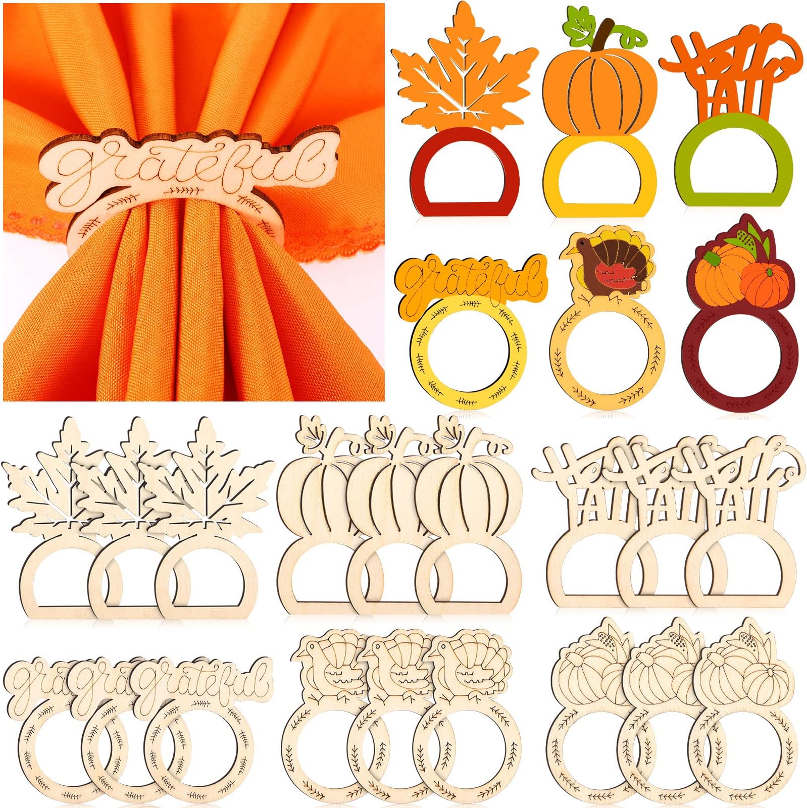 Yungyan 24 Pieces Thanksgiving Wooden Napkin Ring Set Hello Fall Maple Leaf Napkin Holder Pumpkin Turkey Napkins Rings Grateful Thanksgiving Serviette Buckle for Holiday Decor (Pumpkin)