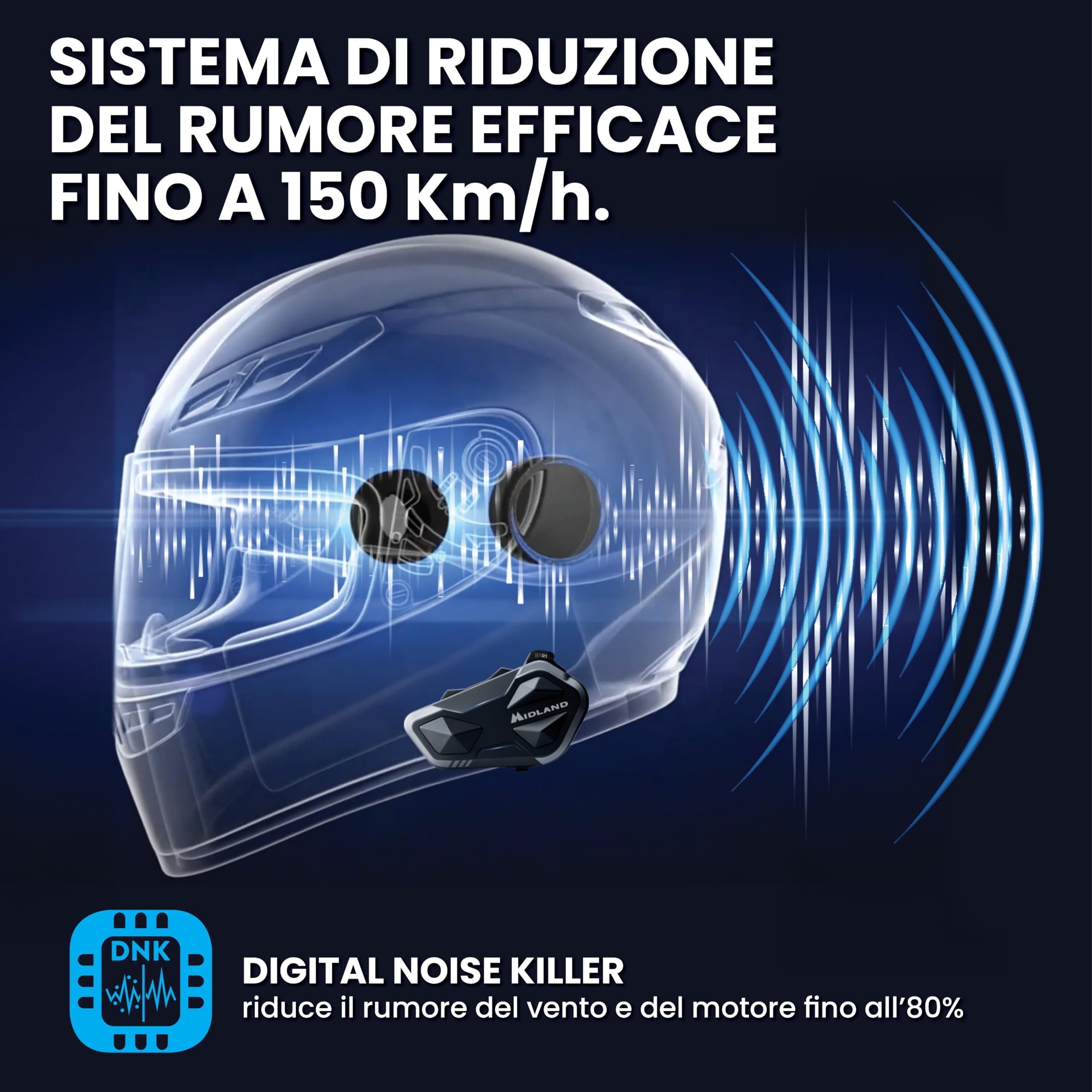 Midland - Interfono Moto Bluetooth Singolo BTR1, Auricolari Casco Moto Impermeabili IPX6, Portata 800m, 4 Persone Conference, Batteria 23H, Parallel Audio, Connessione GPS/Musica, Conforme ECE 22.06