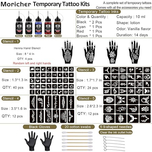 Miniatura 2 de Moricher Kit de tatuaje temporal de 5 tintas, 102 plantillas, kit de tatuaje de henna con plantillas de mandala, marcadores de tatuaje