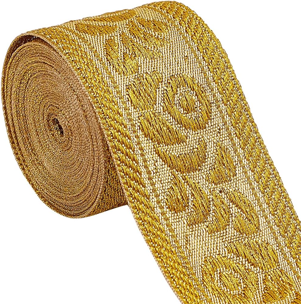 GORGECRAFT 5 Yards Double Side Jacquard Ribbon 1-1/2 Inch Boho Vintage Embroidered Lace Trim Ethnic Woven Flat Edge Fabric for Sewing Clothing Curtain Gift Wrap Embellishments Applique Crafting Gold