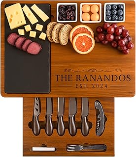 Personalized Acacia Wood Charcuterie Board Set with Stainless Steel Knives – Custom Cheese Board Gift for Wedding, Christmas, Housewarming, Bridal Shower, Anniversary, Women and Couples, Gifts for Her