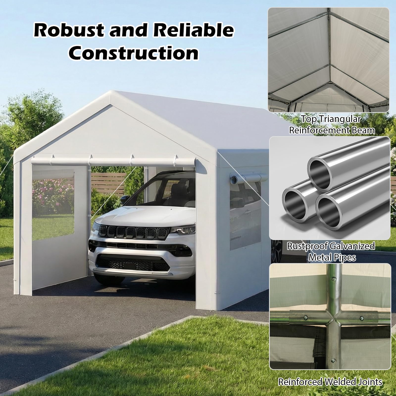 Tenda Garage Auto Esterno Tettoia Telaio Metallo Copertura PE Resistente Intemperie Capanno Giardino Bianco 305x586x280 cm