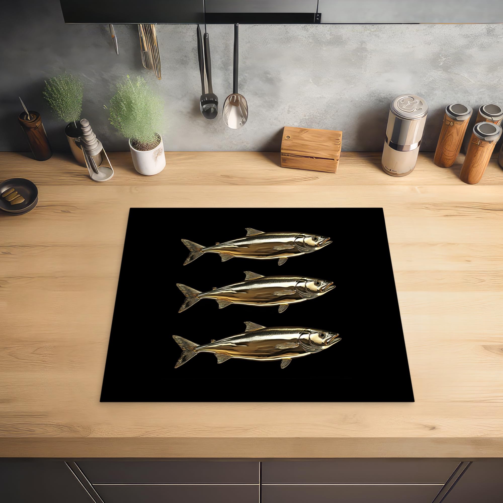 KitchenYeah© Copri Piano Cottura 59x51 cm Coprifornelli Tappetino per Induzione Fornello Tutto per la Cucina Pesce - Oro - Nero