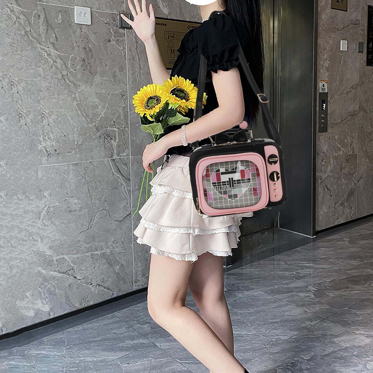 Women TV Shape Ita Bag Pink Television Shoulder Bag Design Ita Backpack Unique female Clear Window Anime Pins Display Crossbody Bag(pink black) - Image 9