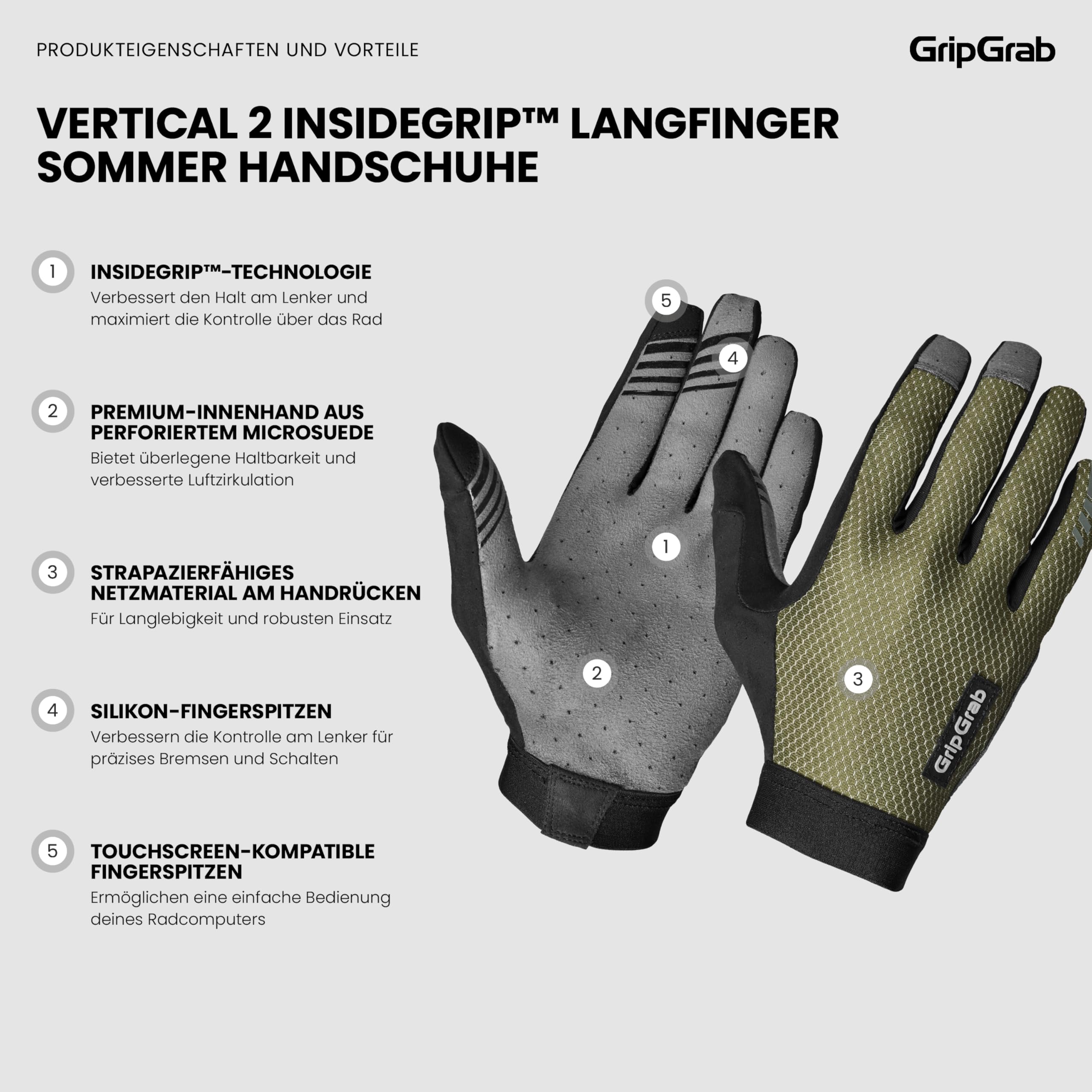 GripGrab Vertical 2 InsideGrip Langfinger MTB Profi Radsport Handschuhe | Vollfinger Fahrradhandschuhe ohne Polsterung mit Silikonprints für maximalen Grip, Touchscreen-kompatibel & Slip-In Bund