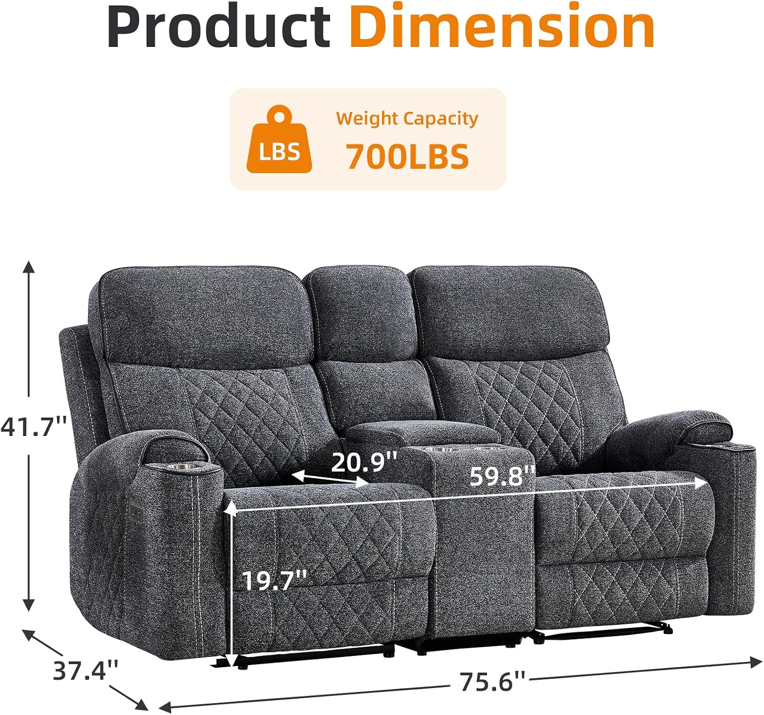 EBELLO Power Reclining Sofa Couch, Fabric Electric Recliner Loveseat Sofa with Cup Holders, USB Type-C Charging Ports and Storage Space, 2 Seats for Small Living Room, Bedroom and Meeting Room, Grey
