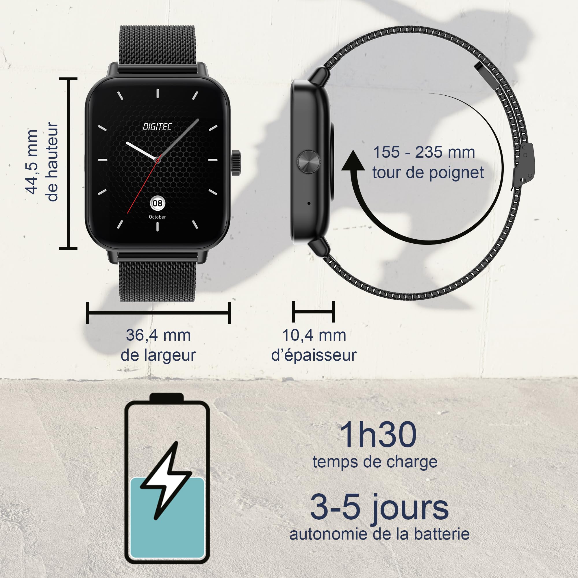 Digitec Montre connectée Square Noire avec Bracelet en Maille milanaise Noire, Homme Femme, Suivi activité et Sommeil