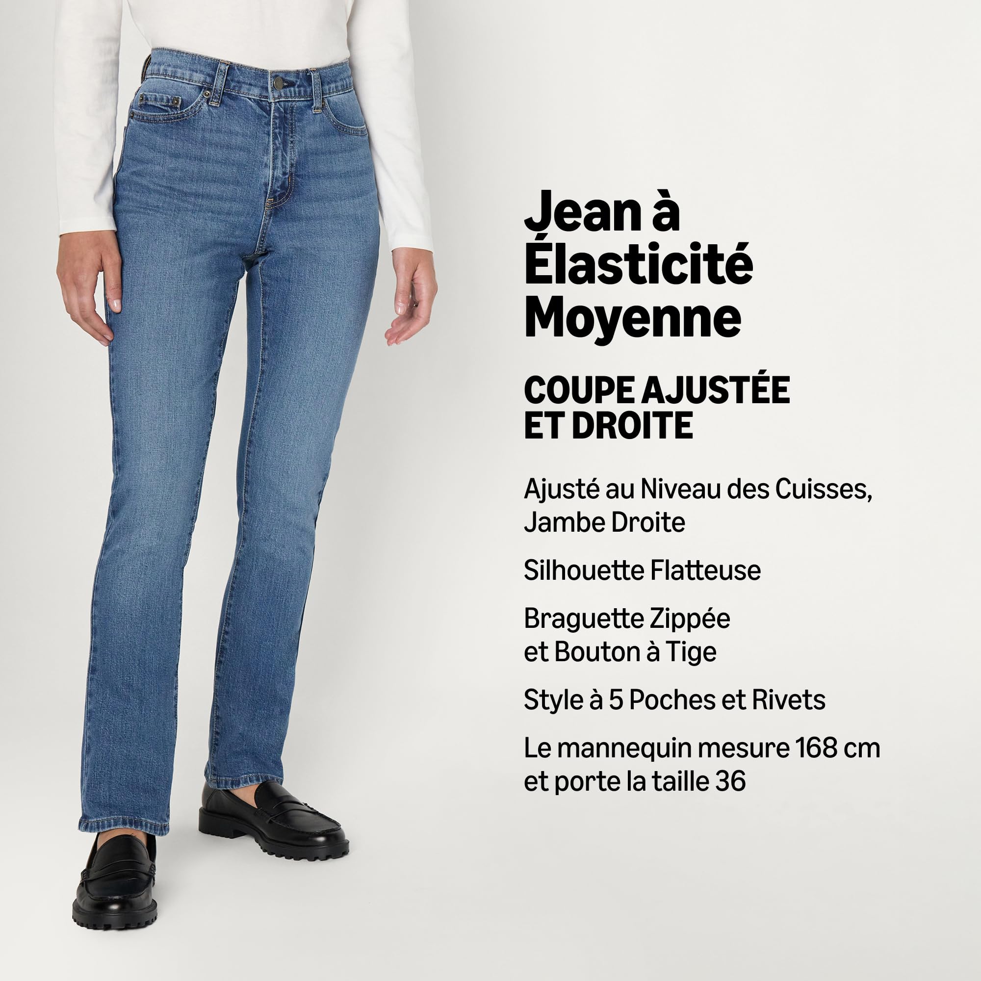 Amazon Essentials Jean Jambes Droites, Coupe Ajustée et Taille Mi-Haute, Élasticité Moyenne Femme