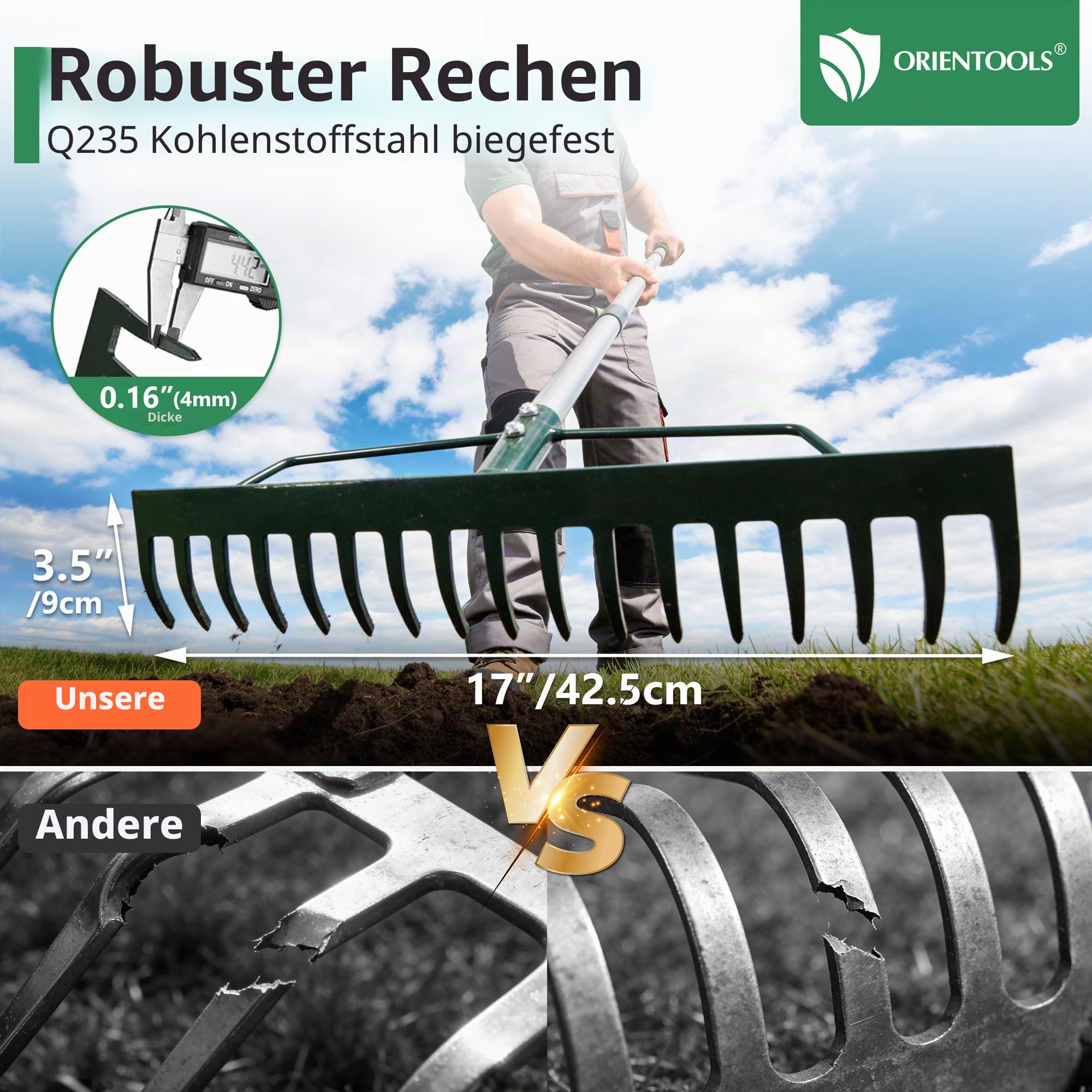 ORIENTOOLS Gartenrechen, schwere Ausführung, 44 cm Breite, 160 cm Stiellänge, 1,7 kg für Boden lockern, Laub rechen, Verlegen von Rollrasen, Rasenpflege, Grün