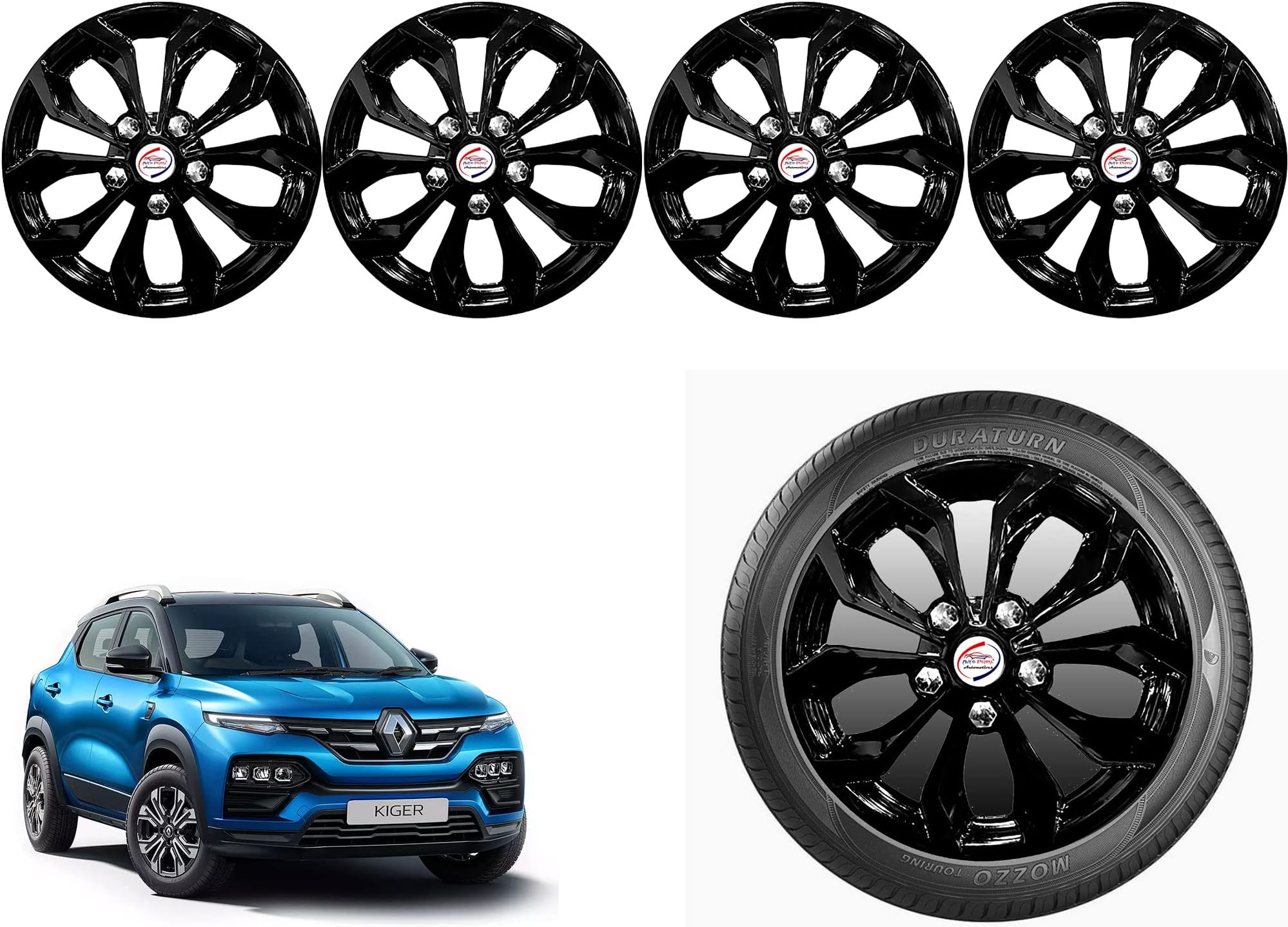 Auto Pearl - 16" inch | Set of 4 Pcs | Press Type Hubcap Wheel Cover Replacements for OEM Steel Wheels Polypropylene with Retention Ring | Compatible with Kiger| Color: Black