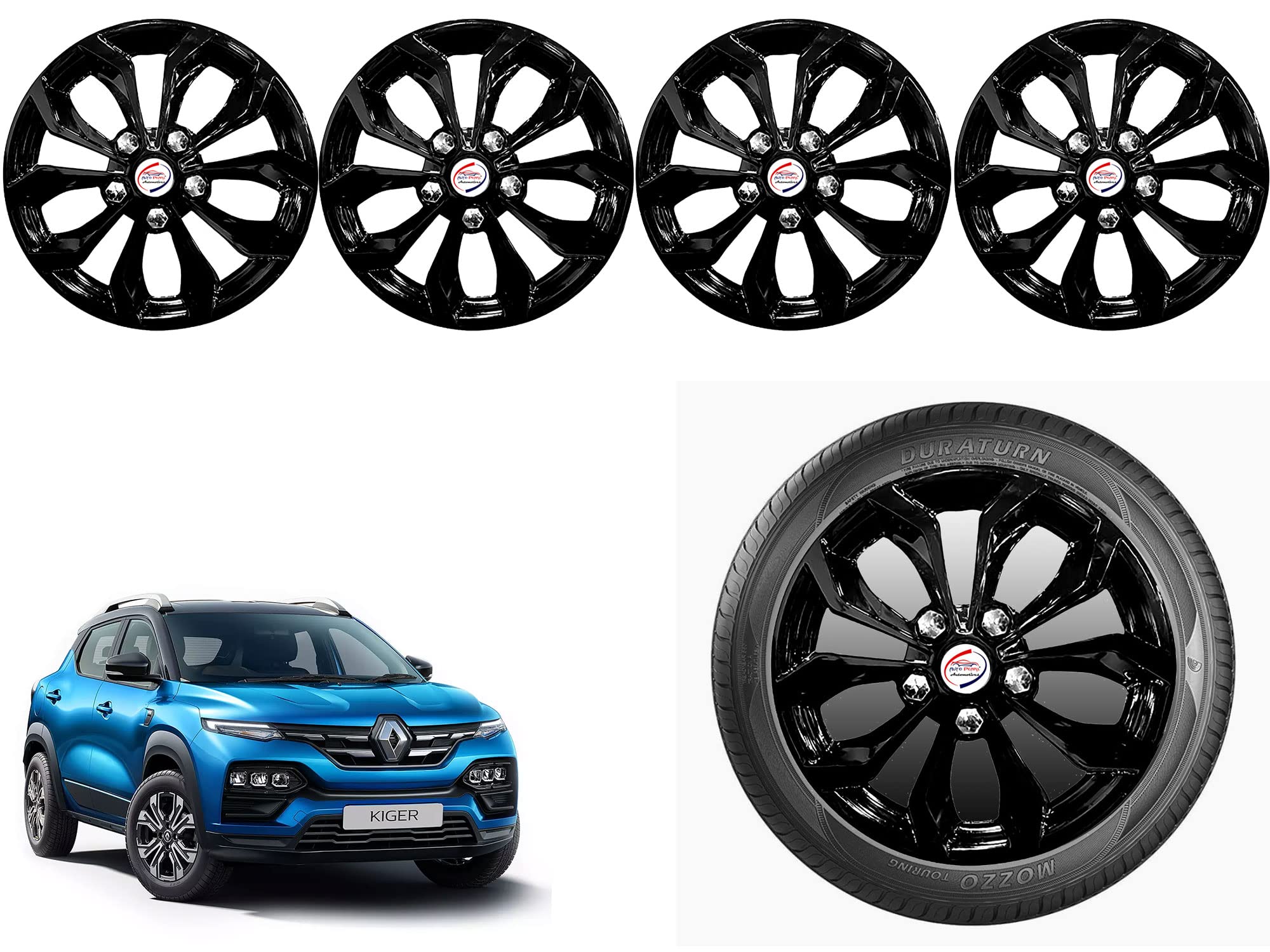 Auto Pearl - 16" inch | Set of 4 Pcs | Press Type Hubcap Wheel Cover Replacements for OEM Steel Wheels Polypropylene with Retention Ring | Compatible with Kiger| Color: Black