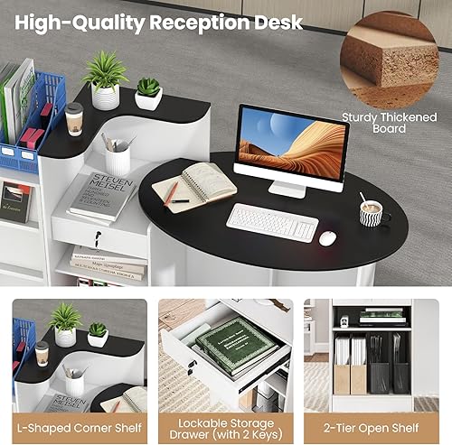 Vista 51 de Tangkula Escritorio de recepción, mostrador frontal con cajón con cerradura y estante ajustable, escritorio ovalado, mostrador minorista para pagar