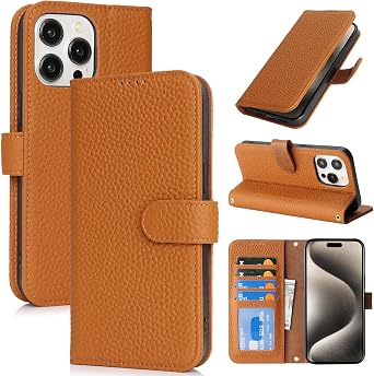 Zouzt Leather Wallet Case for iPhone 15 Pro Max, 4 Card Slot, Amber