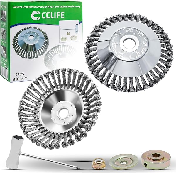 CCLIFE PROBAUWERK szczotka do usuwania chwastów, zestaw 2 szt., szczotka do dzikich ziół do kosy spalinowej, szczotka okrągła 200 x 25,4 mm z akcesoriami