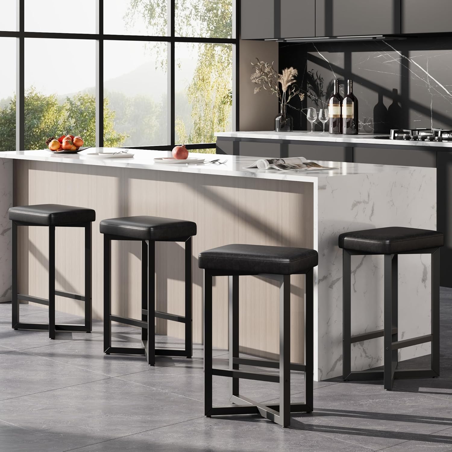 IDEALHOUSE Bar Stools Set of 4, 24.6" Counter Height Backless Barstools, Upholstered PU Leather Seats with Metal X-Frame & Footrest, Modern Kitchen Stools for Home Bar, Dining Room, Black