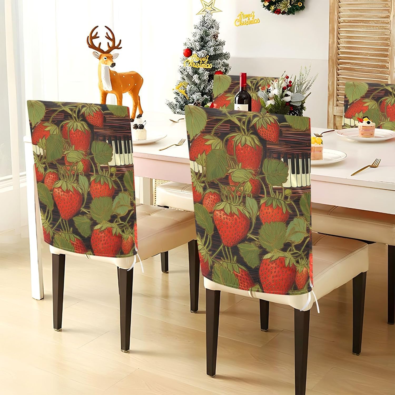 ALAZA Vintage Strawberries Music Theme Chair Back Cover Set of 6, Washable Reusable Removable Chair Slipcovers Decorative Chair Cover for Home Kitchen Wedding Party