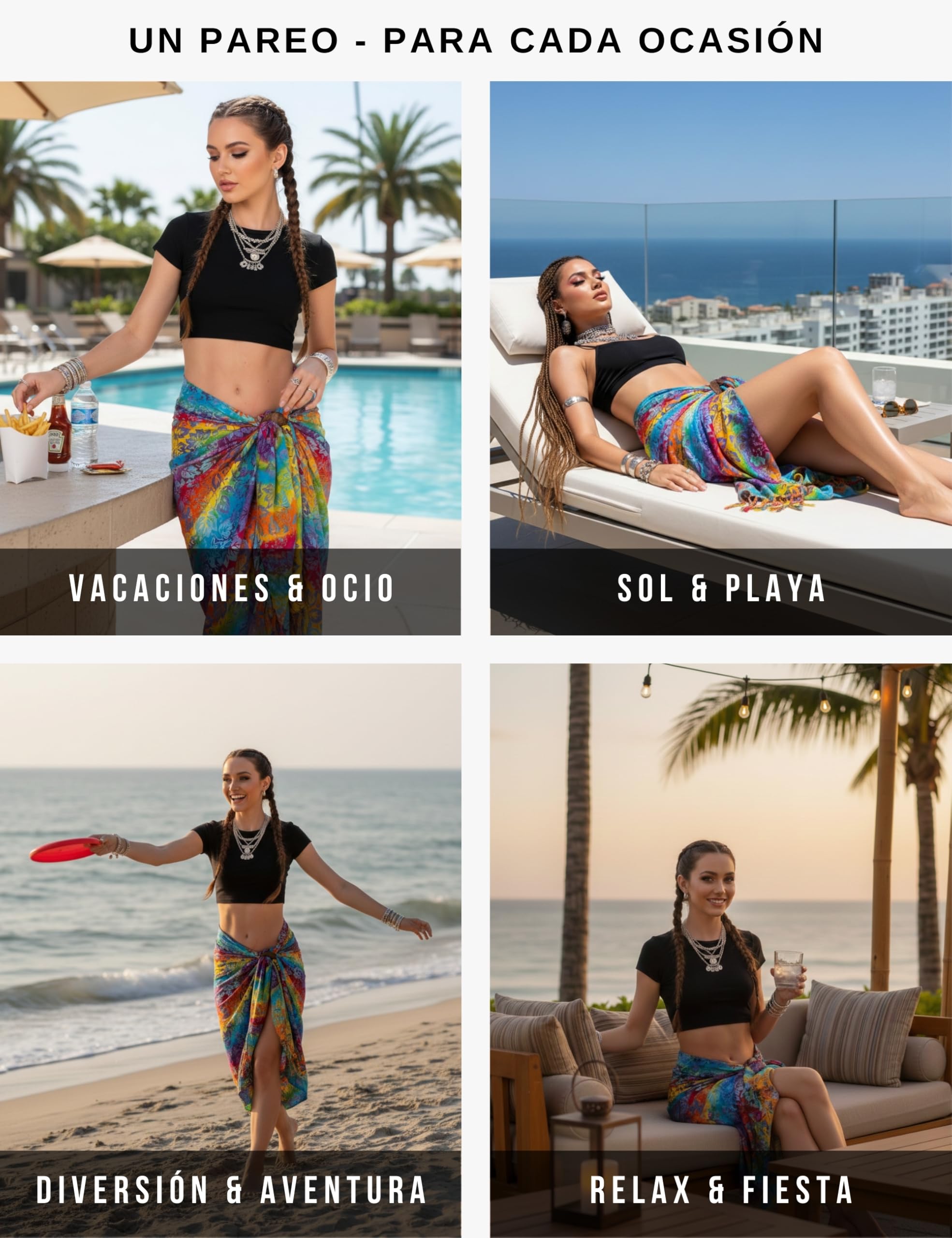 PANASIAM Pareo Sarong - L y XL Opaco - Pareo de Playa en Viscosa Fluida - Falda Cruzada o Vestido de Playa - Para Mujer y Hombre - Complemento Ligero de Verano - Pieza Única Artesanal de Indonesia