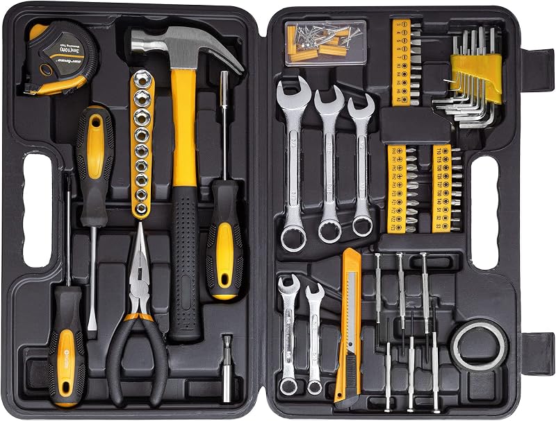 CARTMAN 148-Piece Automotive And Household Tool Set, Yellow Repair Kit Case | Versatile tool assortment for car maintenance, home repairs, DIY projects, furniture setup, and daily fixes in a molded case.