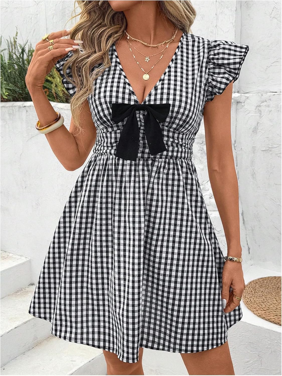 Floerns Women's Going Out Bow V Neck Gingham Dress Ruffle Cap Sleeve A Line Short Dresses - Image 2