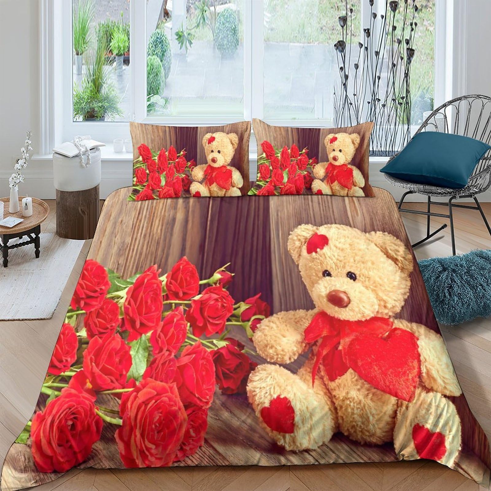 Ctjqhvkz Style-8 3D Printed Teddy Bear Fitted Sheet Microfiber Red Rose Bed Cover Decor Anti-Slip Machine Washable For Bedroom Guestroom Single（135X200cm）