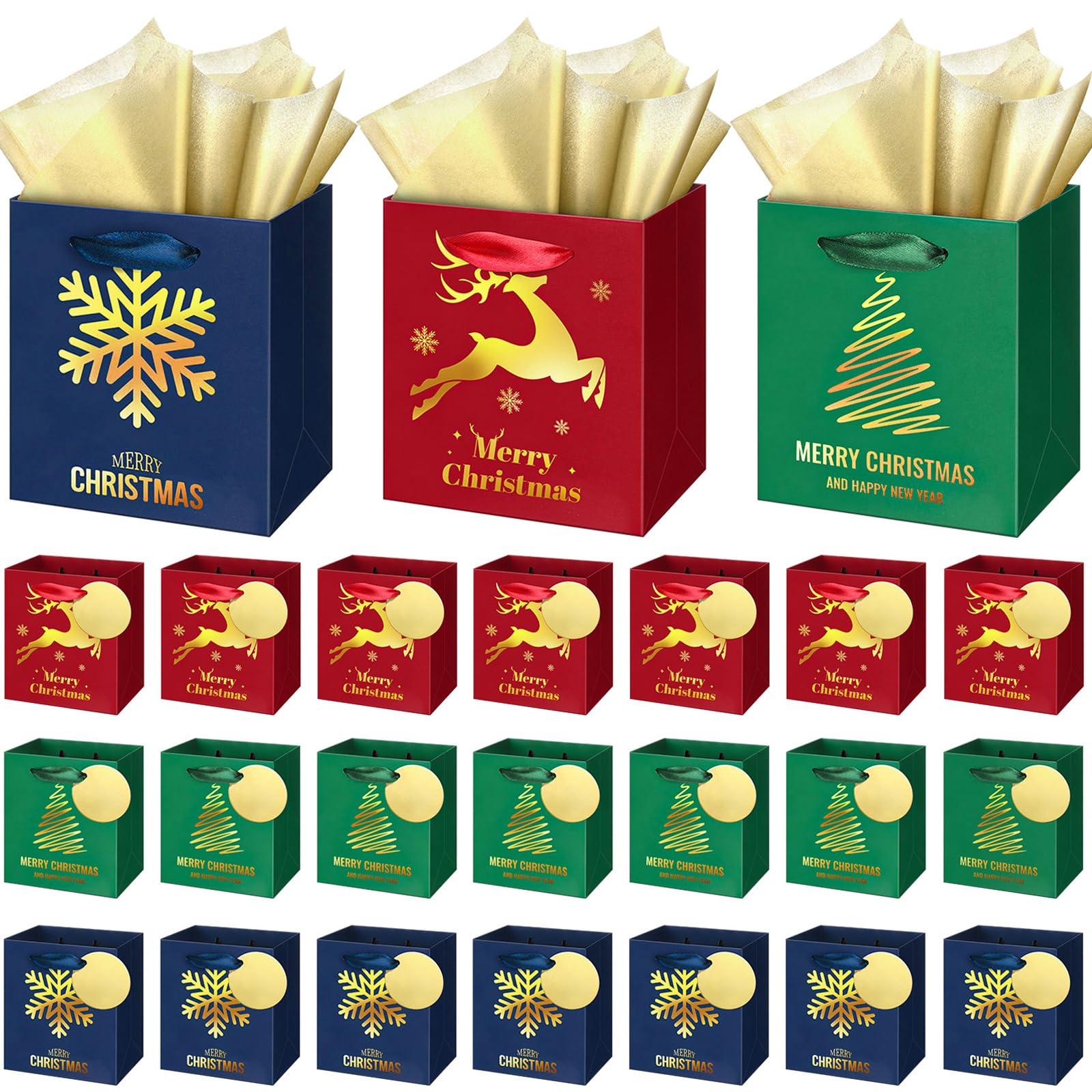 Aliceset 24 mini bolsas de regalo de papel de Navidad con asas, 3 bolsas de regalo de papel metálico dorado surtido con papel de seda de 4.5 x 4 x 2.75 pulgadas, bolsa de regalo verde, rojo, azul