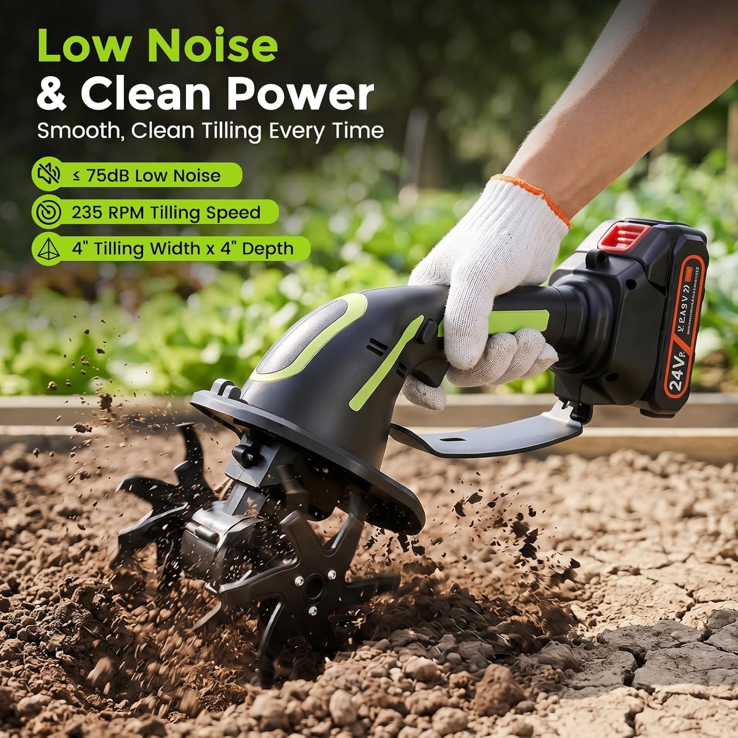 Motocoltivatore a Batteria con 1 Batterie 24V, Motozappa Elettrica da Giardino, Profondità e Larghezza di Lavoro 10 cm, Coltivatore Portatile per Prato, Giardino, Serra e Orto