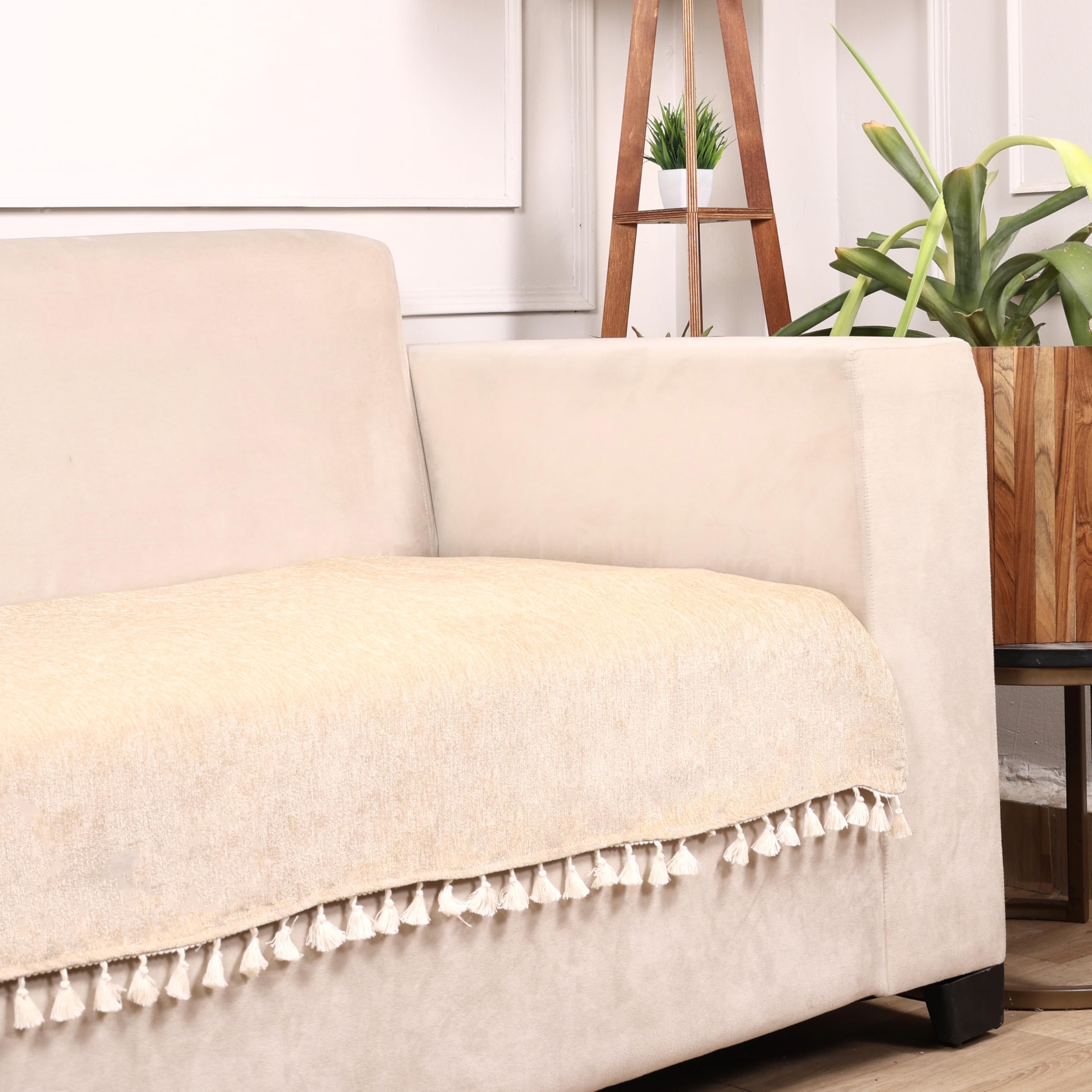 STITCHNEST Beige Chenille Sofa Cover 70x30 Inch – Soft, Durable & Textured Fabric with Tassels | Sofa for Living Room, Bedroom, or Drawing Room