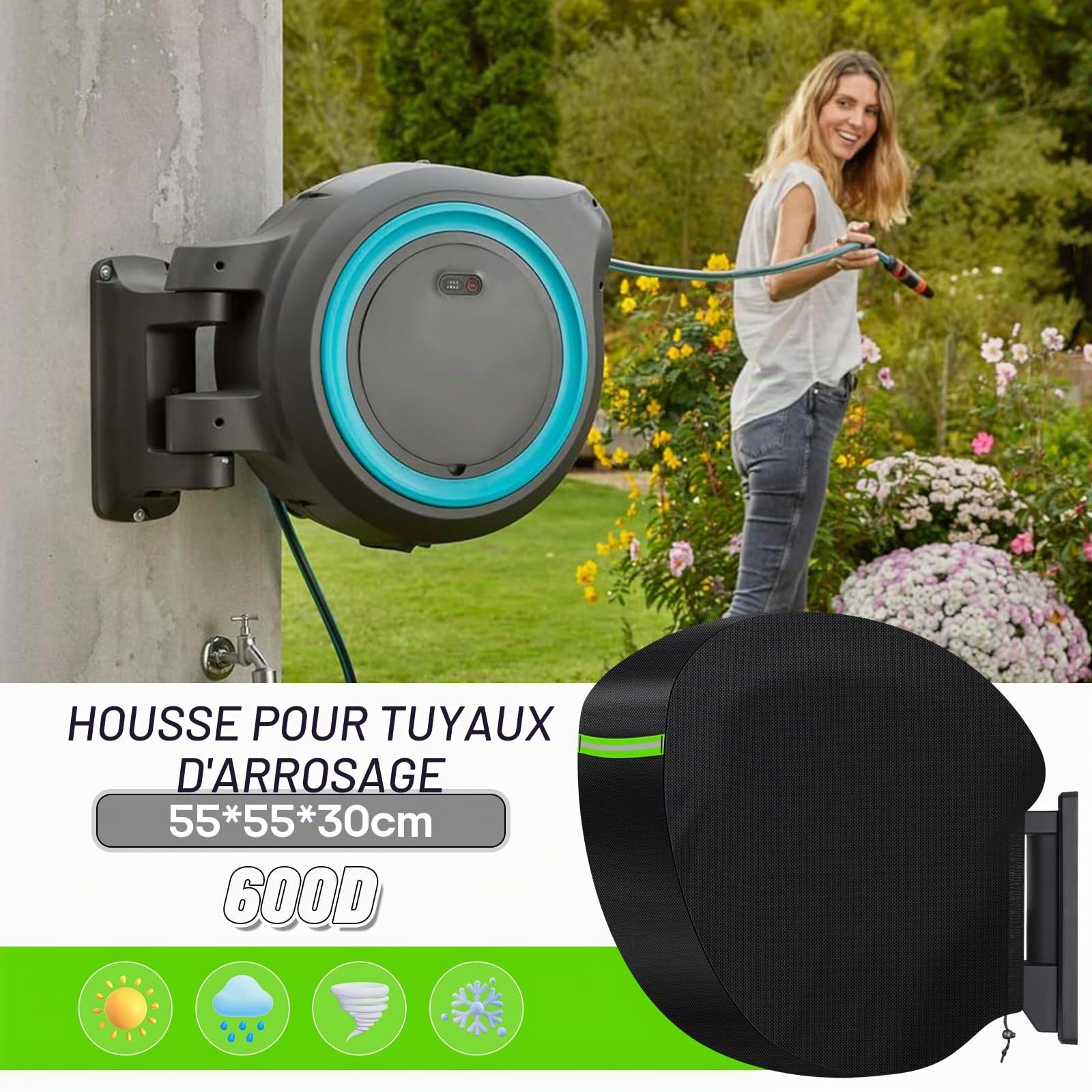 Hozelock 2595 0000 Enrouleur de tuyau d'arrosage 600D Oxford | Revêtement imperméable en polyuréthane, 55 x 55 cm