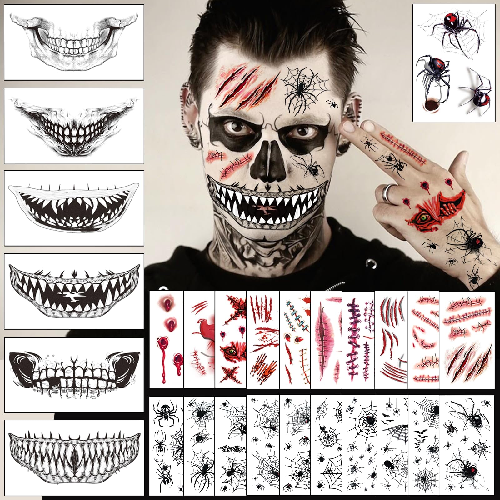 27 Blatt Halloween Tattoo Gesicht, Halloween Kostüm Herren Gruselig Accessoires, Hexe Vampir Zombie Damen 3D Narben Tattoos, Fake Blut Wunden Spinnen Skelett Gesichtstattoo, Party Mitgebsel Kinder