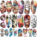 77 Sheets Temporary Tattoo, Sunset Sunglasses Beach Flower Palm Tree Hawaiian Themed Waterproof Fake Tattoos, Holiday Temporary Tattoos for Men Women Kids Party and Goody Bag Stuffers