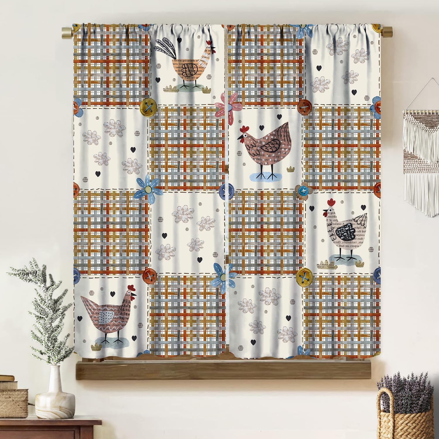 Rustic Chicken Curtains, Vintage Art Rural Farmhouse Patchwork Rooster Colorful Plaid Grid Pattern Window Treatments, Blackout Rod Pocket Drapes For Living Room Bedroom Bathroom Kitchen 42x45in