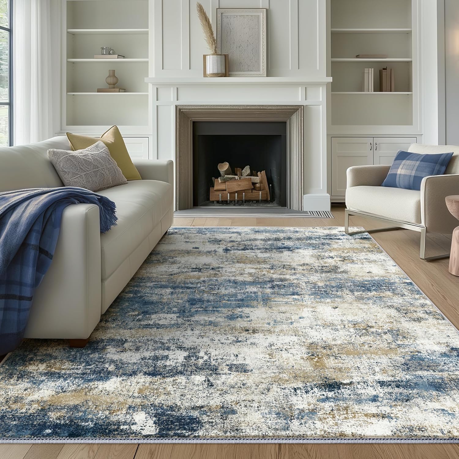 Tapis de salon moderne bleu et beige 160x230 cm pour décoration de chambre adulte