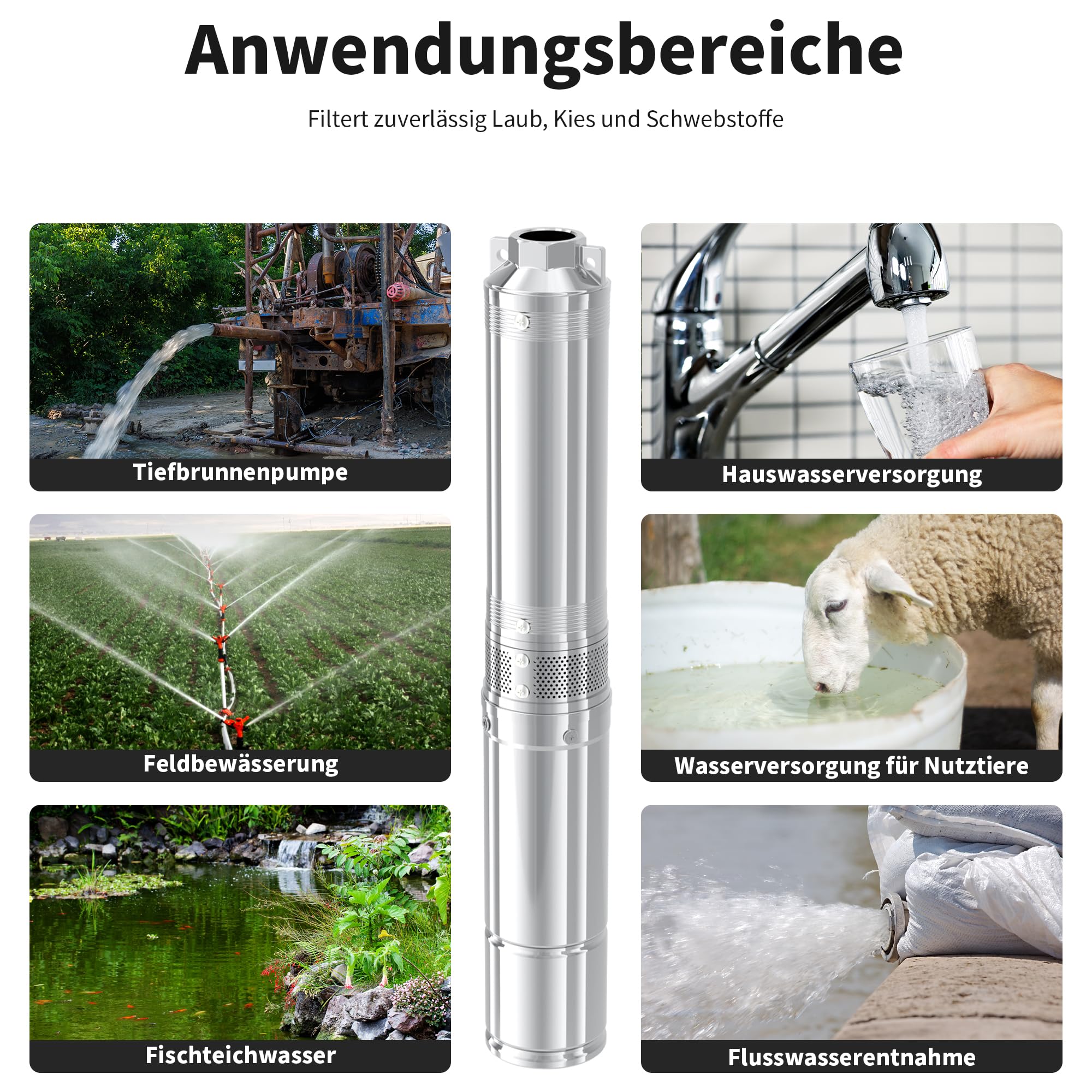 FOTING 750 W Tiefbrunnenpumpe 1 HP Brunnenpumpe 118 L/min Tauchpumpe max. | Förderhöhe 75 m Rohrpumpe 230 V 50 Hz Sandpumpe IP68 für Süßwasserversorgung Bewässerung