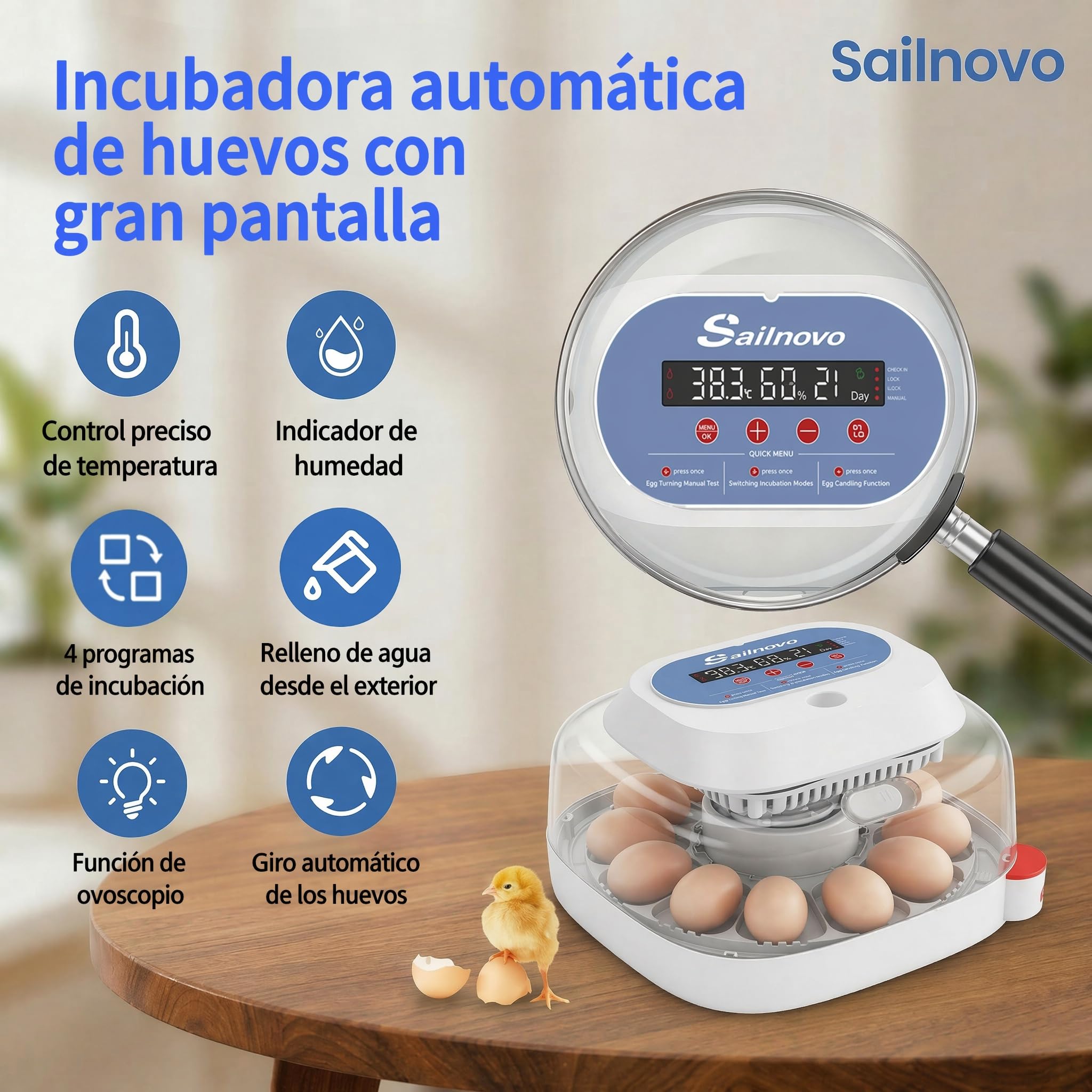 Sailnovo incubadora automática para 12 huevos, 4 modos para aves, con volteo automático, control de temperatura y alarma de humedad, incubadora para huevos de gallina, pato y codorniz (Azul)