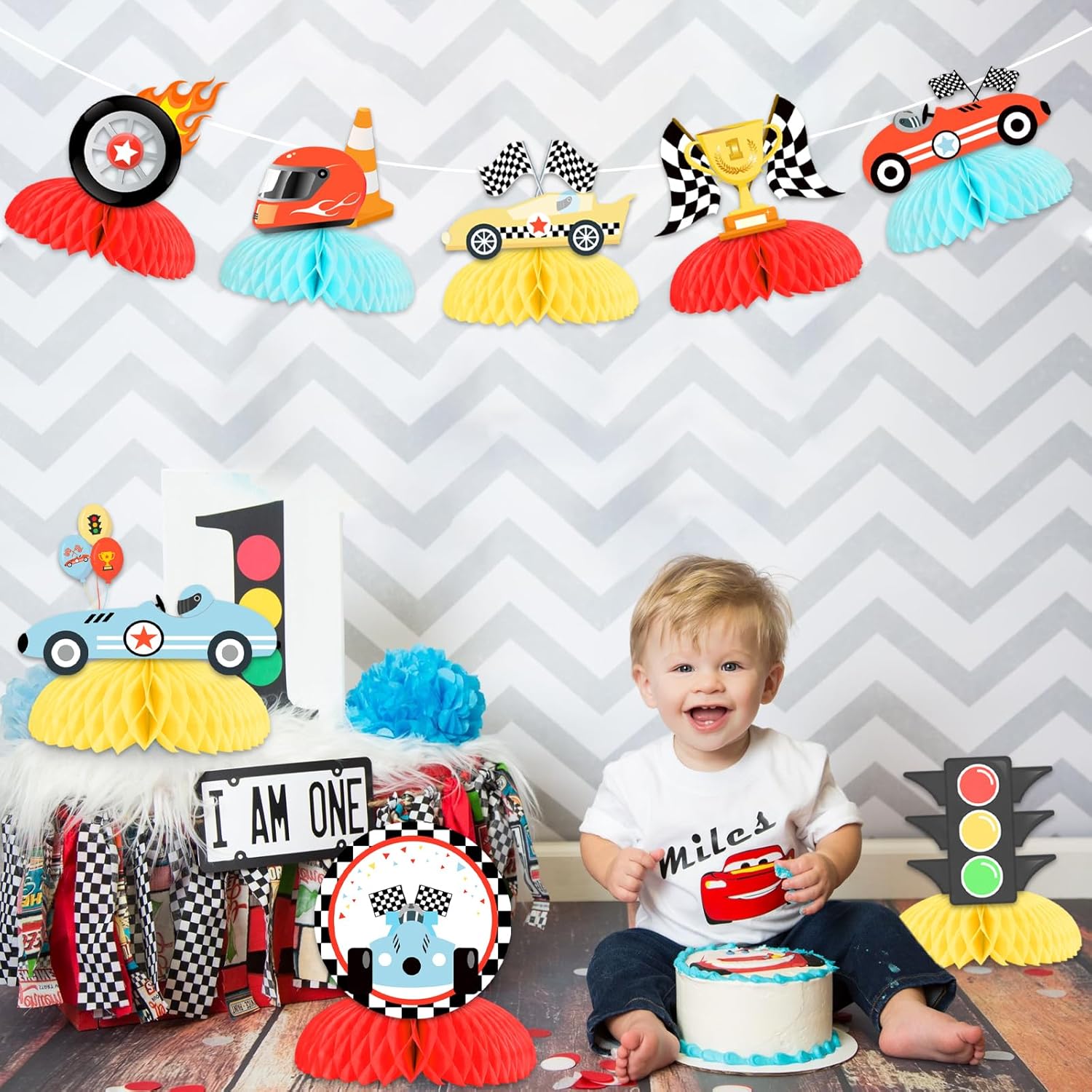 8Pcs Race Car Honeycomb Centerpieces Boy’s Birthday Decorations, Racing Theme Table Toppers 1st 2nd 3rd Birthday Baby Shower Party Supplies Photo Props Decors Vintage Red