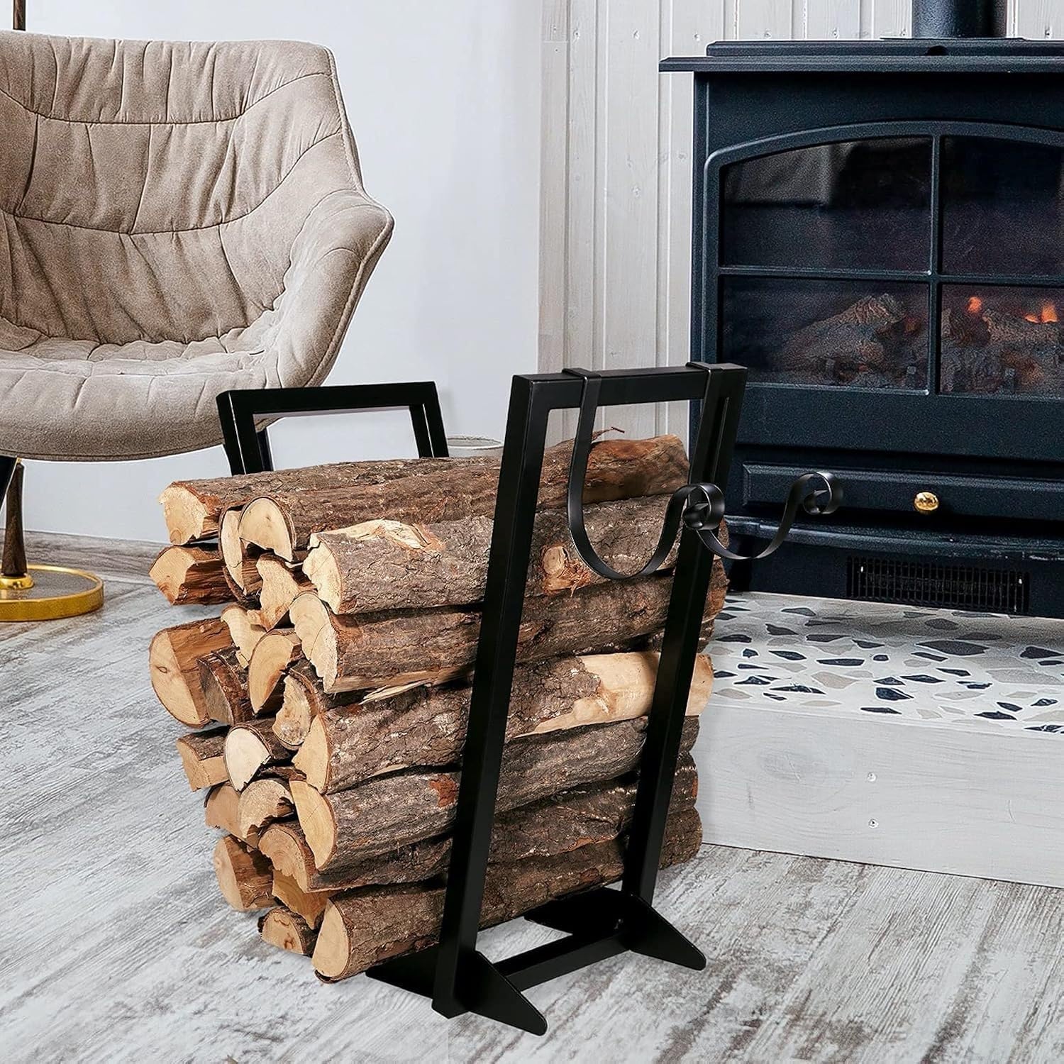 Firewood Rack Stand Firewood Holder for Fireplace with Hook Logs Storage Organizer Suitable for Indoor Fireplace Or Outdoor Patio