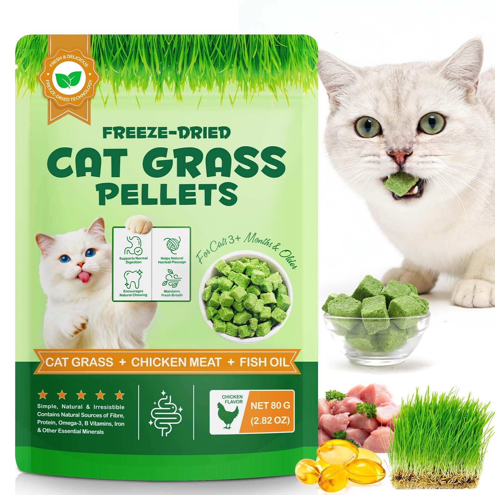 Grass Snacks for Cats 80g with Chicken and Fish Oil - Freeze Dried for Hairball Removal and Dental Care - High Protein, Grain Free, Omega-3