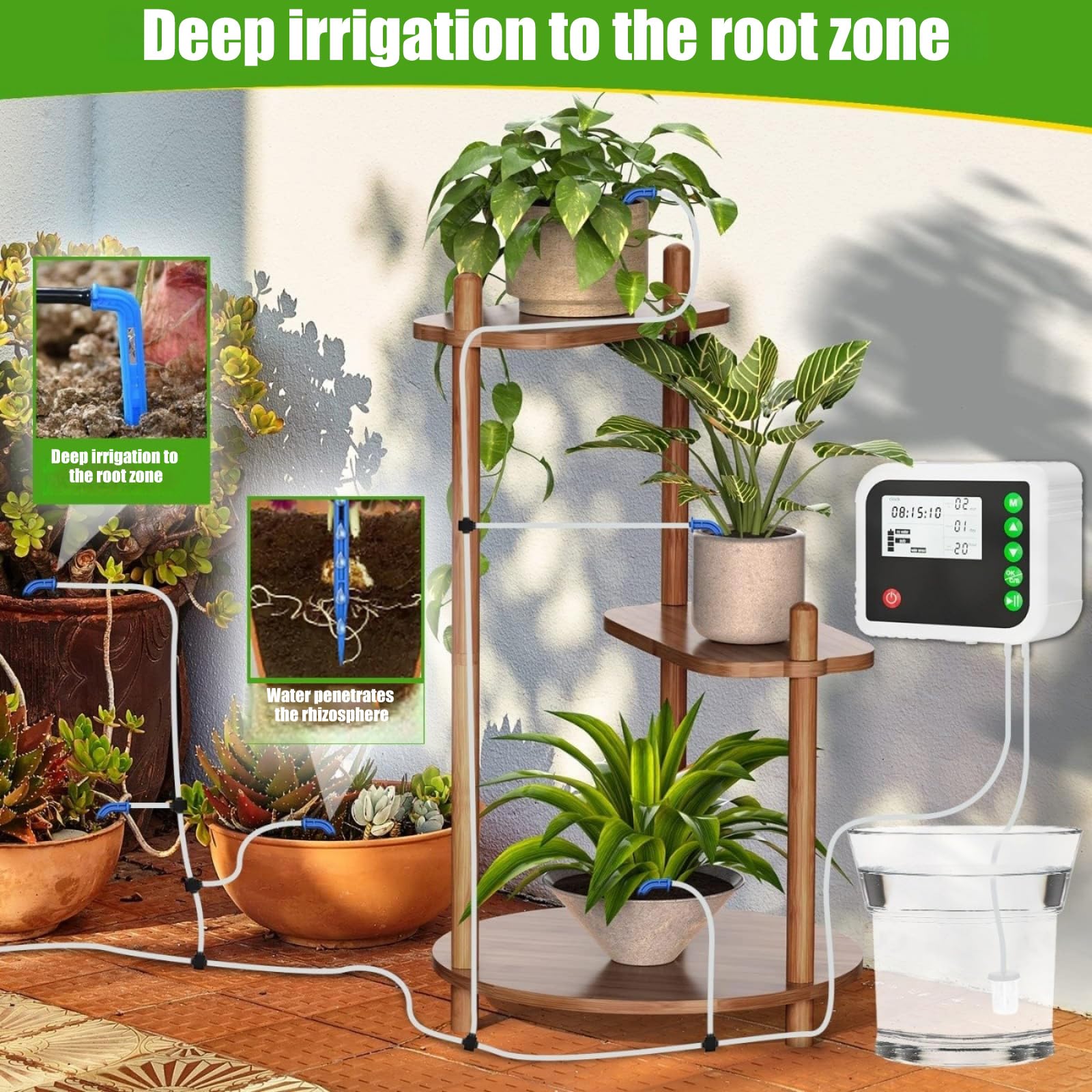 Contrôleur d'arrosage goutte à goutte automatique pour pot avec modes automatique et manuel, tubes et goutteurs pour conteneurs de balcon, zones de jardin, minuterie d'arrosage automatique