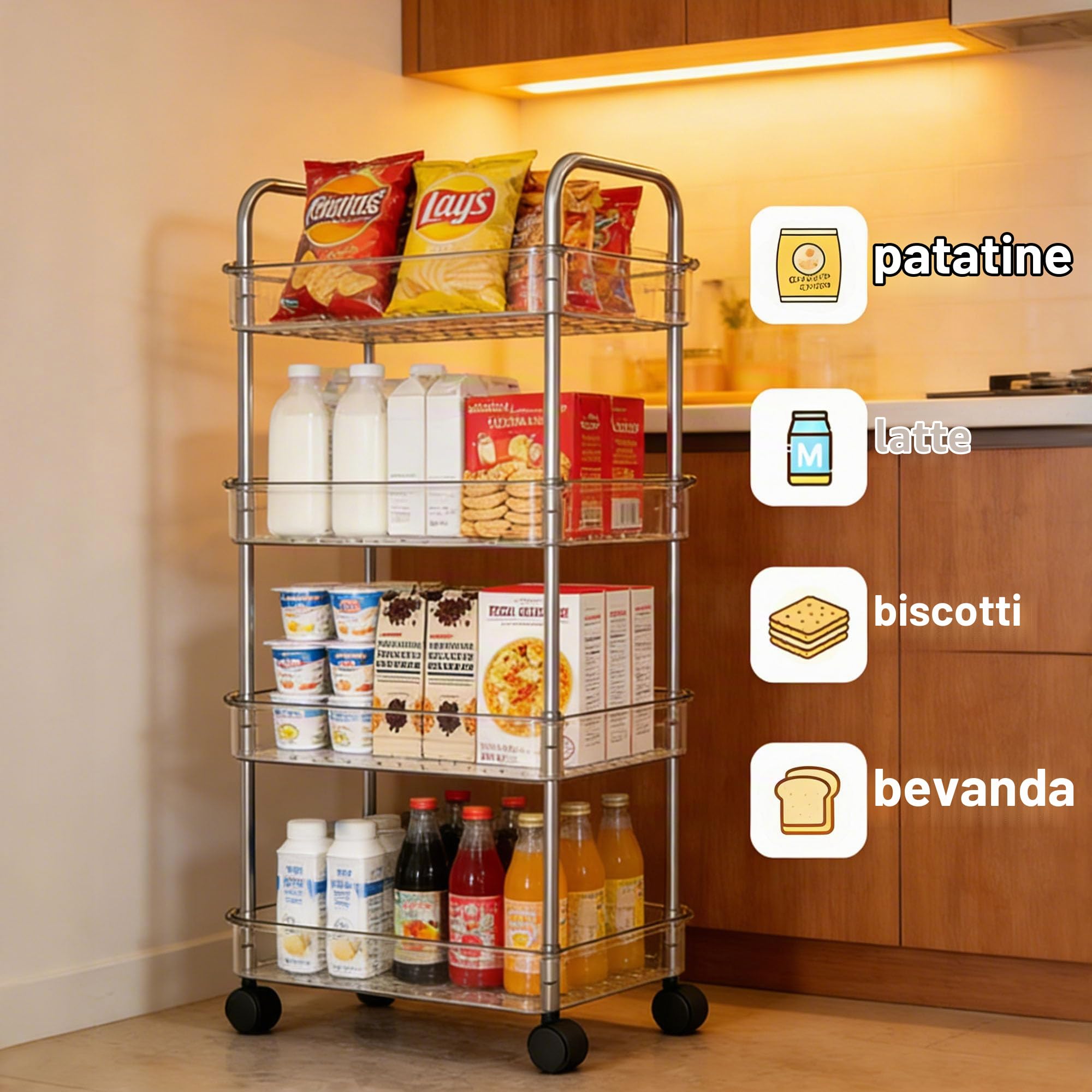 Carrello Portaoggetti a 4 Livelli, Carrello Con Ruote, Carrellino Piccoli Spazi, 90*31*20 cm, Carrello Con Ruote, Carrello Da Cucina Salvaspazio In Bagno Ufficio (Trasparente)